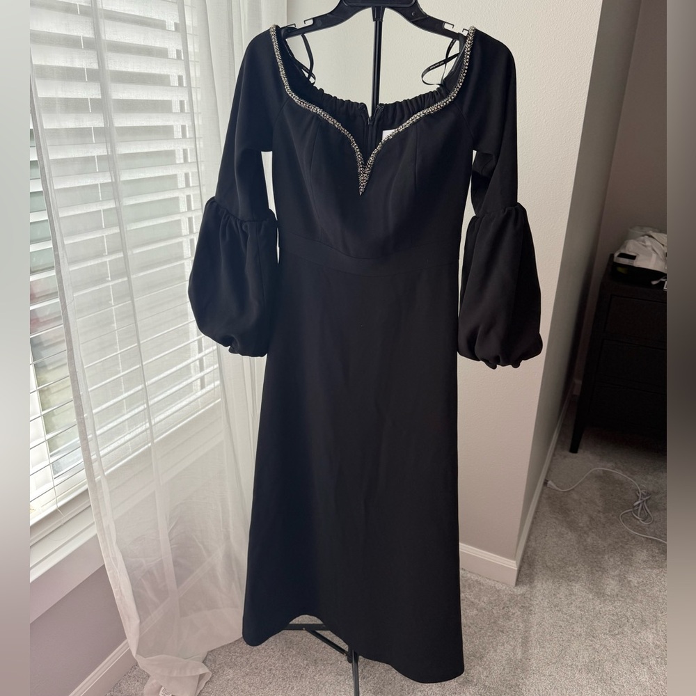 Self-Portrait Black Long Sleeve Dress with Embellished Neckline